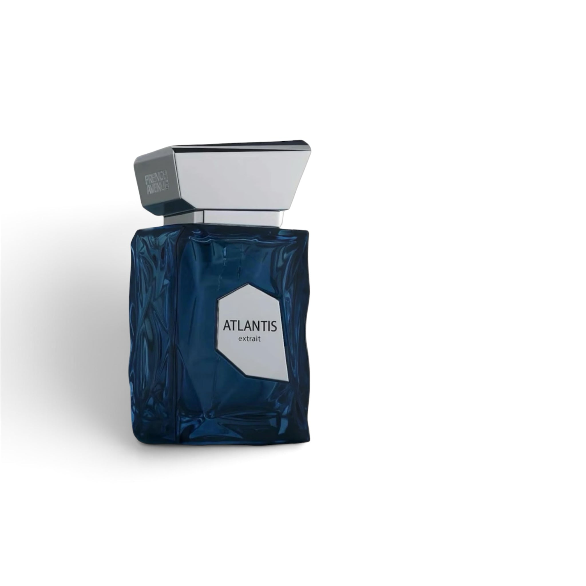 Frasco de perfume Luxury Fragance Atlantis Extrait de color azul profundo con diseño texturizado y tapa metálica