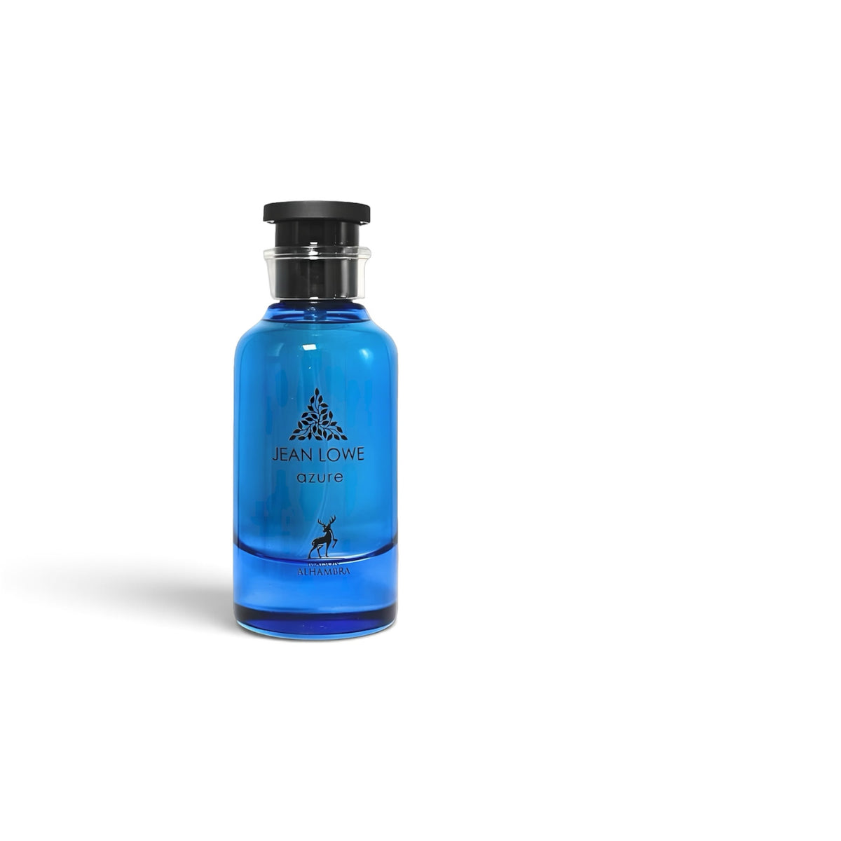 Frasco de perfume Luxury Fragance Jean Lowe Azure de cristal azul vibrante con tapa negra minimalista