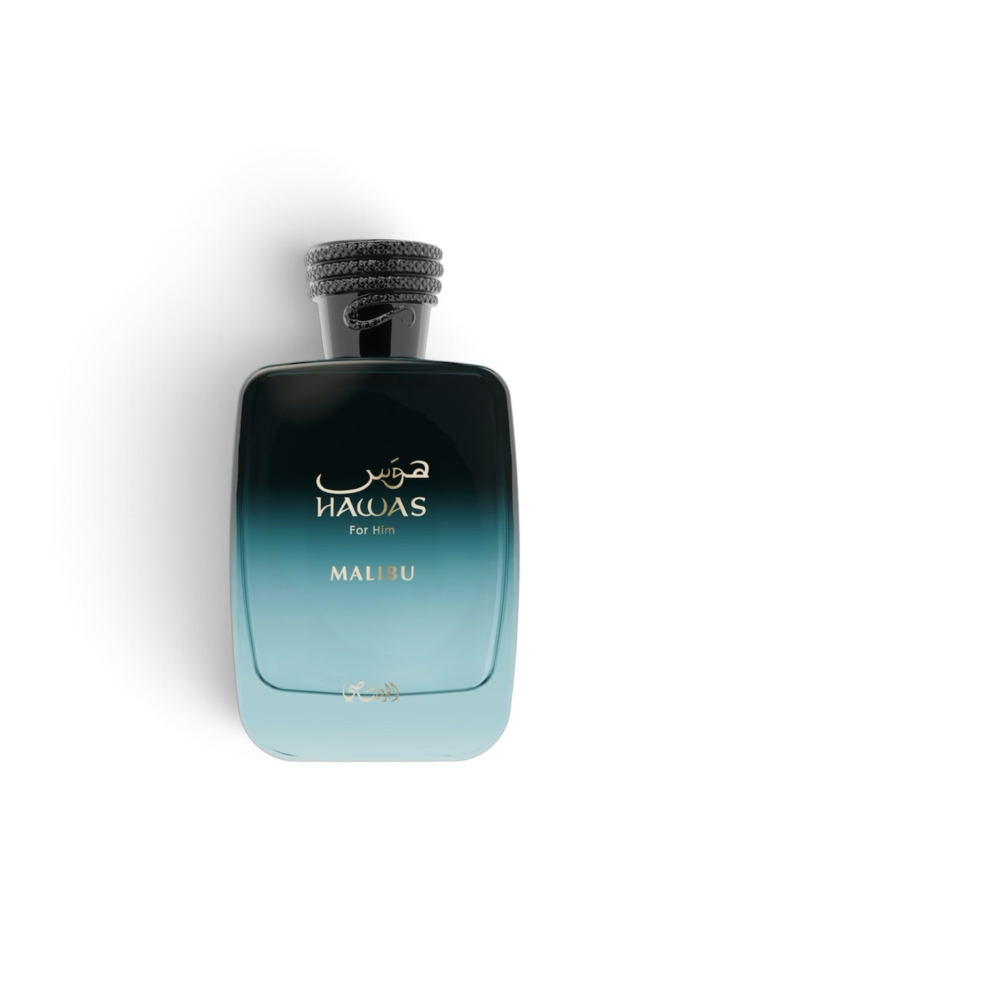 Perfume Luxury Fragance Rasasi Hawas For Him Malibu con frasco degradado azul y turquesa y tapón texturizado